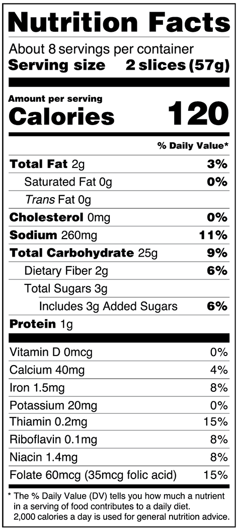 US White Bread Nutritional Facts Table