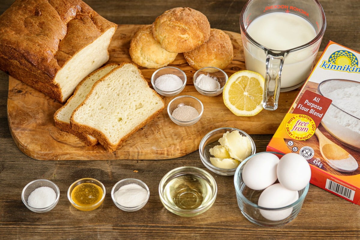 Gluten-free breads with liquids and gums on wooden boards