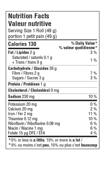 Artisan Dinner Rolls 6 pack Nutritional Facts Table