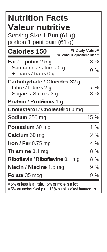 Cdn Hamburger Buns Nutritional Facts Table