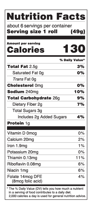 Nutritional Facts Artisan Dinner Rolls