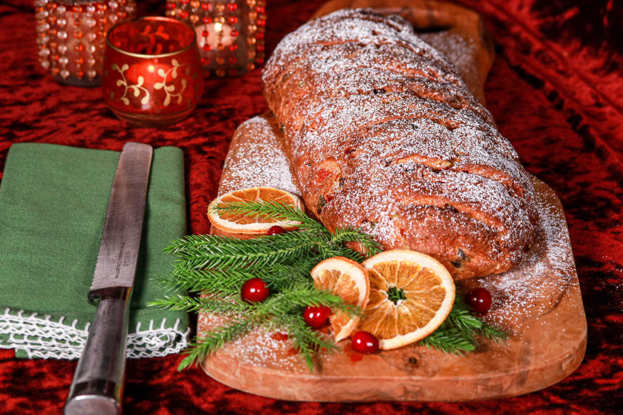 Gluten-free Festive Fruit Bread on board red velvet  & christmas decor