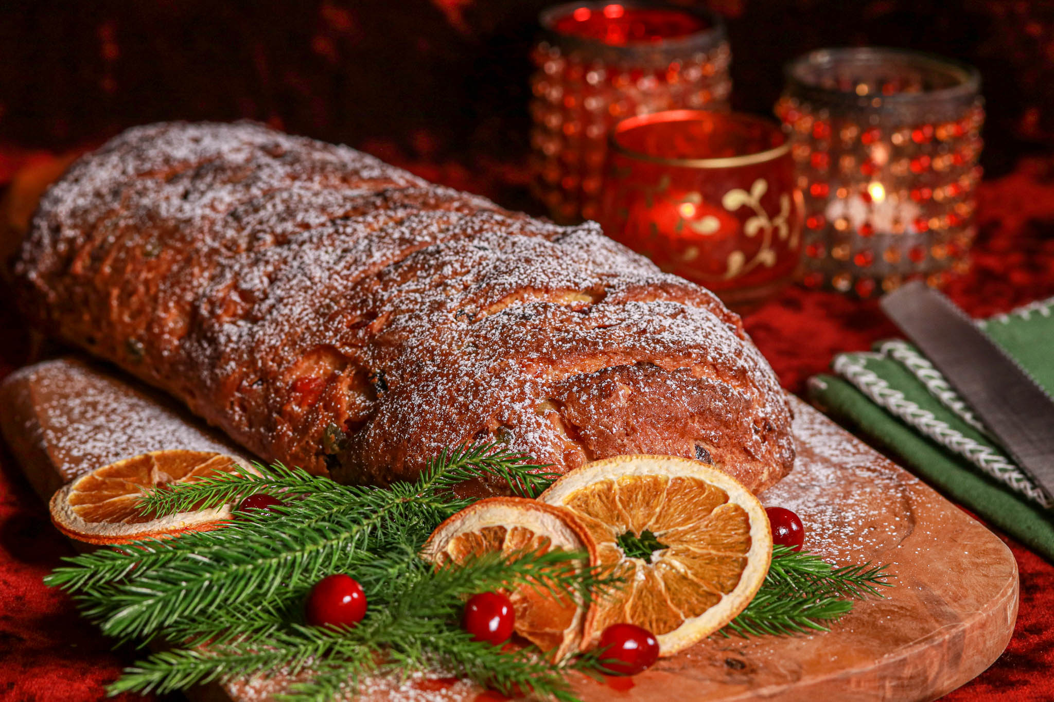 Gluten-free Festive Fruit Bread on Board, Red Velvet & Christmas decor