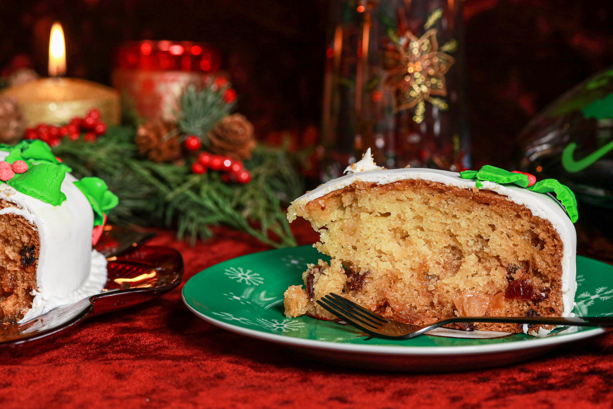 Festive Rum Cake green plate red velvet christmas decor all around