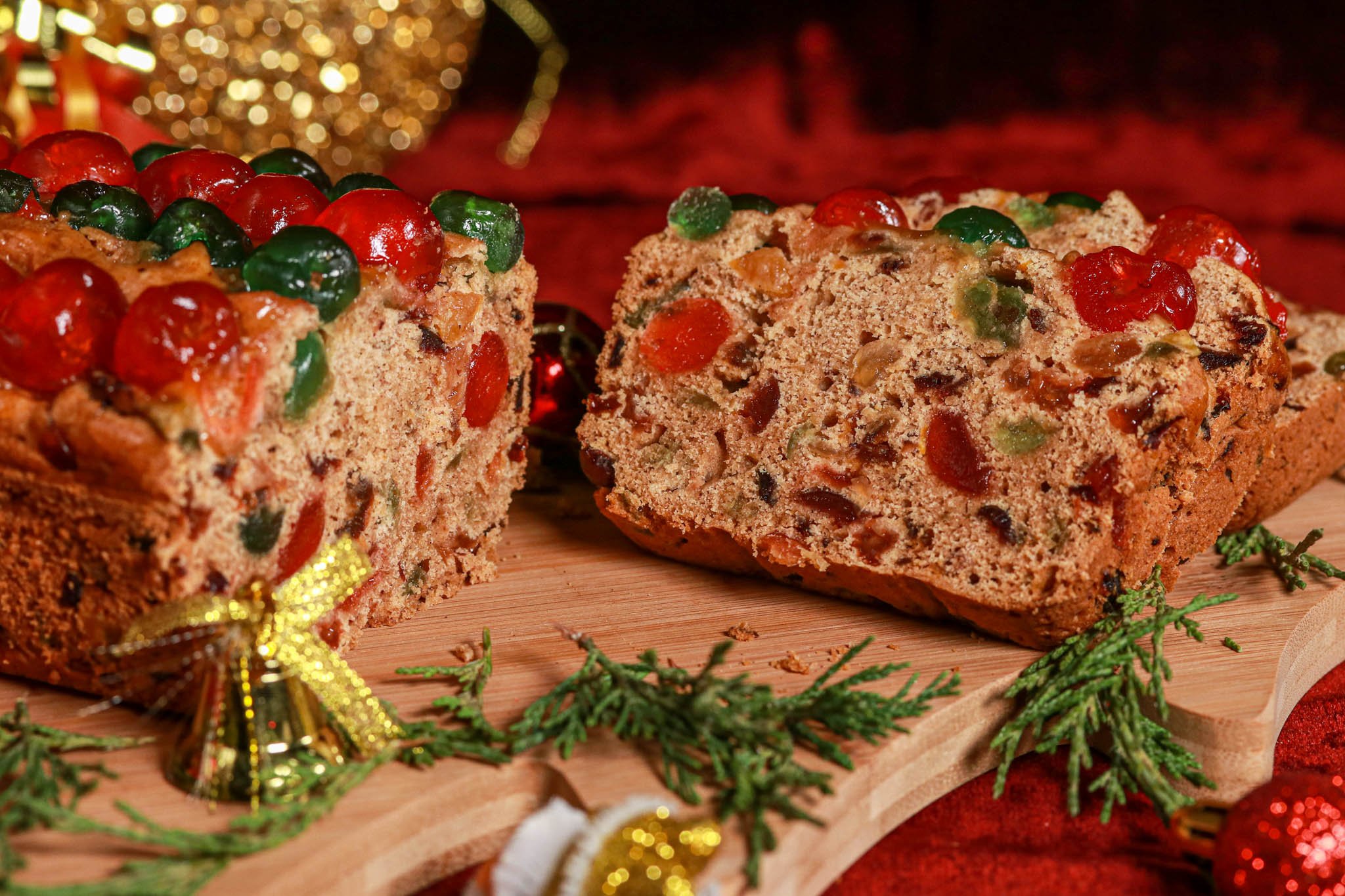 Gluten-free Fruit Cake on Christmas Wooden Board