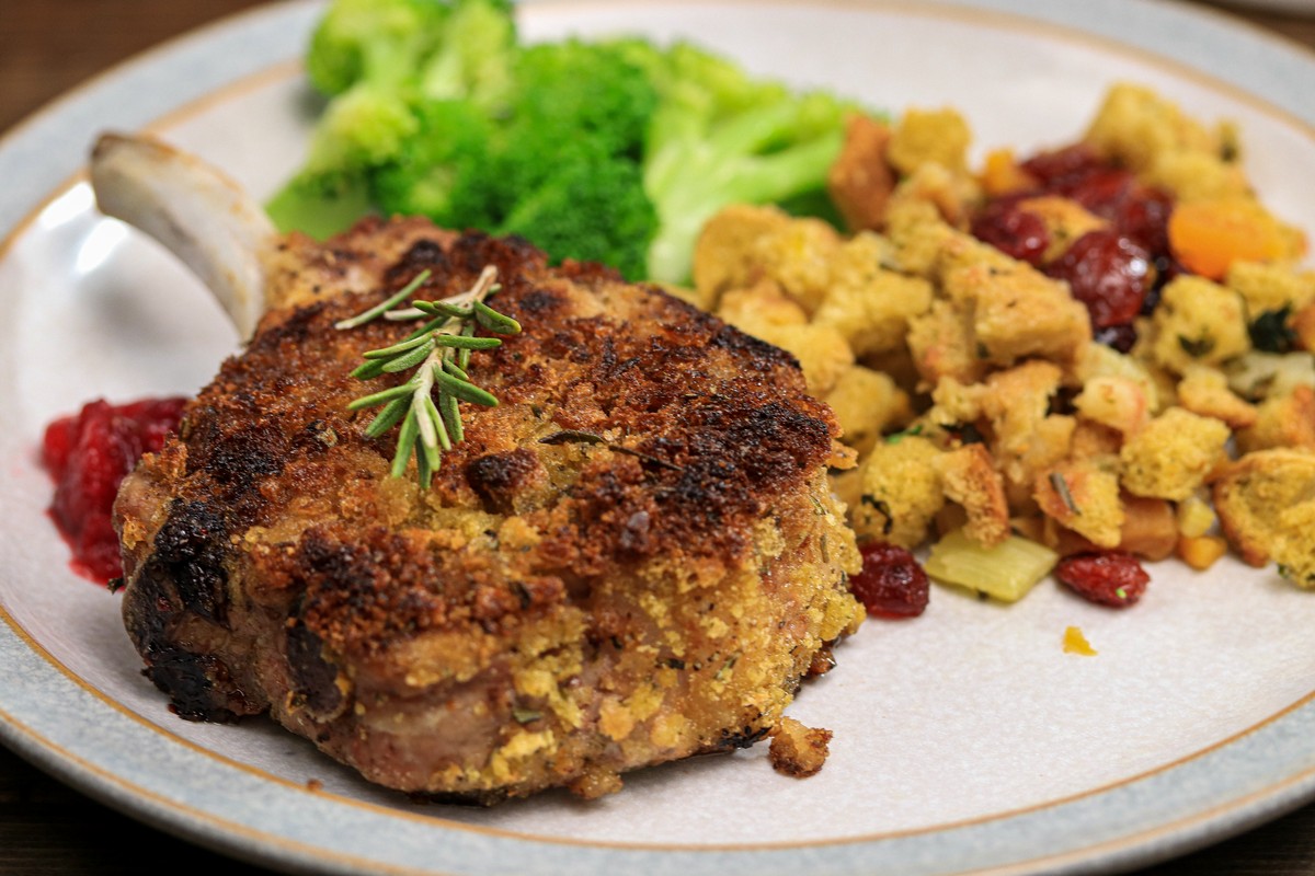 gluten-free stuffing coated pork chop