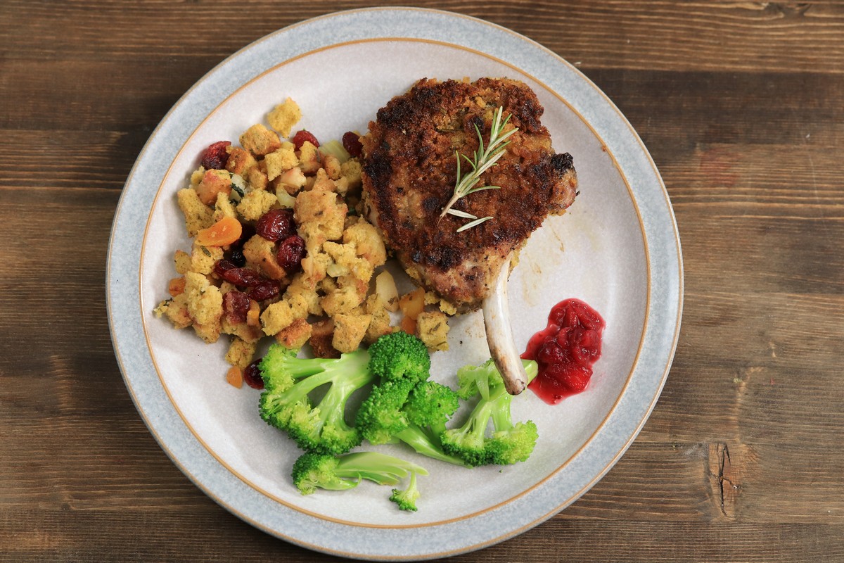 gluten-free stuffing coated pork chop